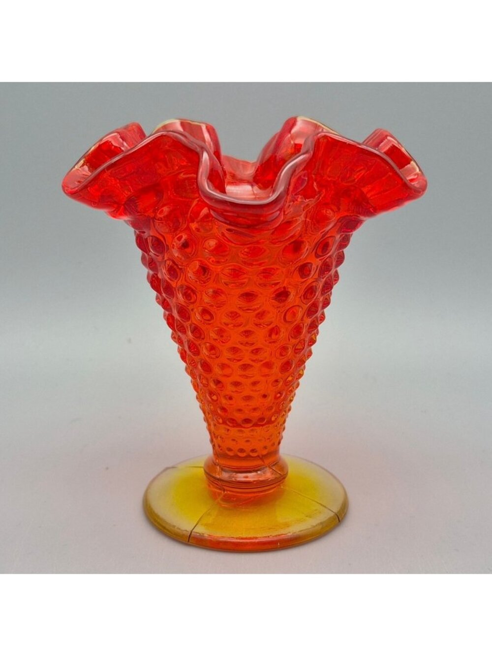 Vintage Fenton Amberina Hobnail 4" Mini Vase Ruffled Rim Footed Art Glass